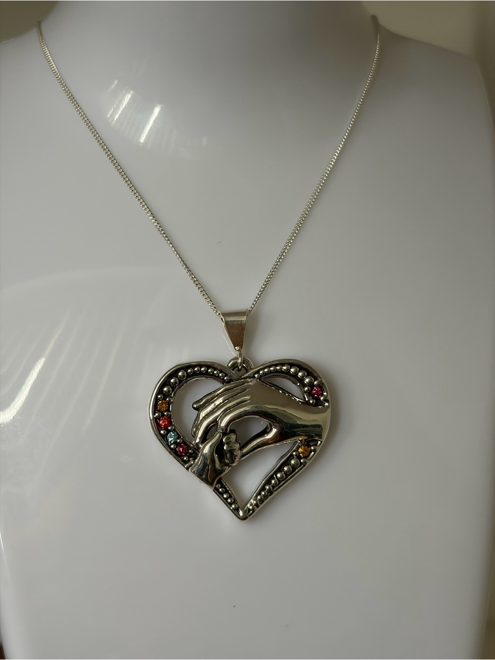 Sterling Silver 925 Heart Pendant Necklace with Multicolor Stones